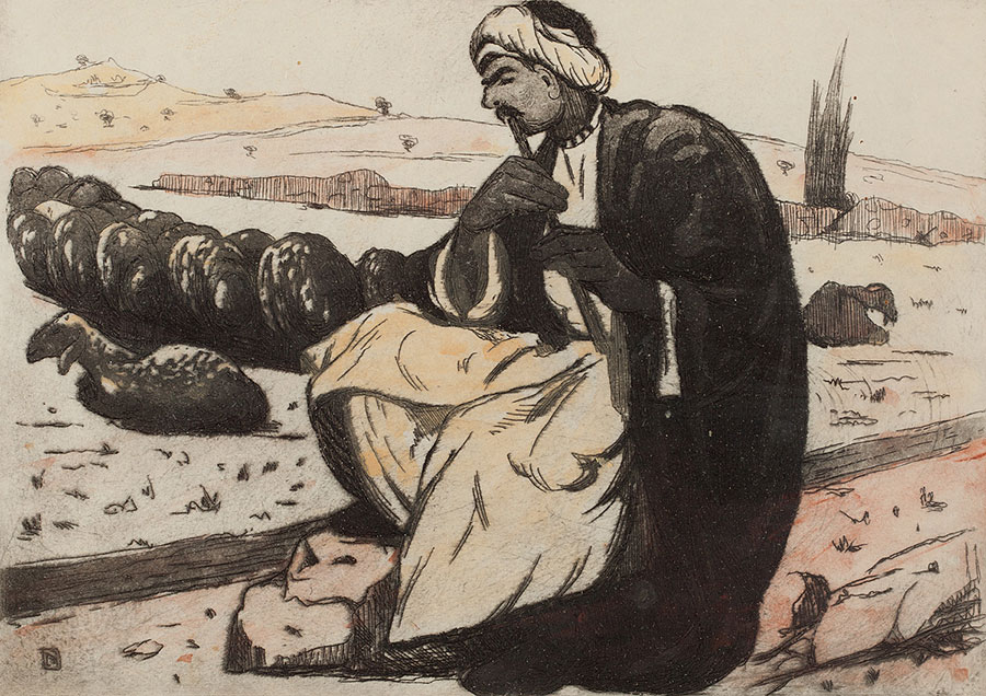 Eisenberg Yaakov -  Arab Shepherd | 1920s | 13X17  | An Israeli Collection