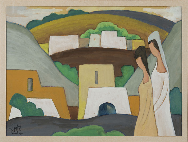 Schlesinger, Shmuel - Landscape – a Couple in a Mountain Village | ca. 1930's | 33X43 | An Israeli Collection